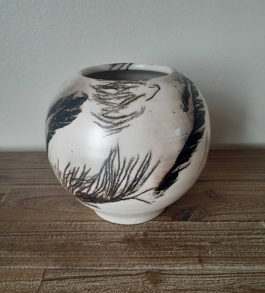 feathers and horsehair vase clay organic pottery