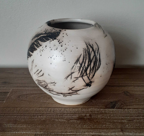 feathers and horsehair vase clay organic pottery cape town